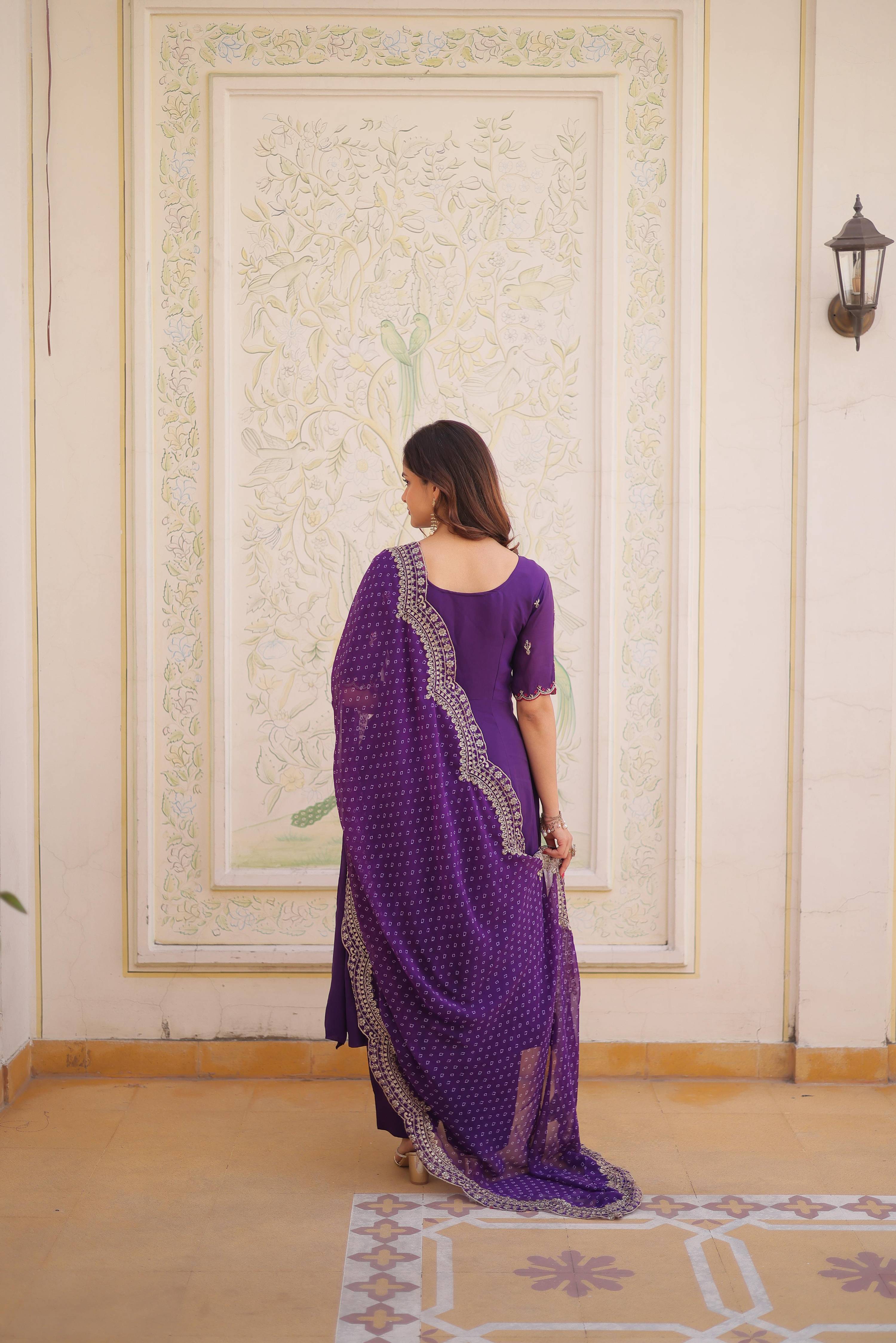 Jyoti Fashion Purple Beads Thread Embroidered Mal Chanderi Anarkali Gown Set | Grocsy