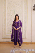 Jyoti Fashion Purple Beads Thread Embroidered Mal Chanderi Anarkali Gown Set | Grocsy