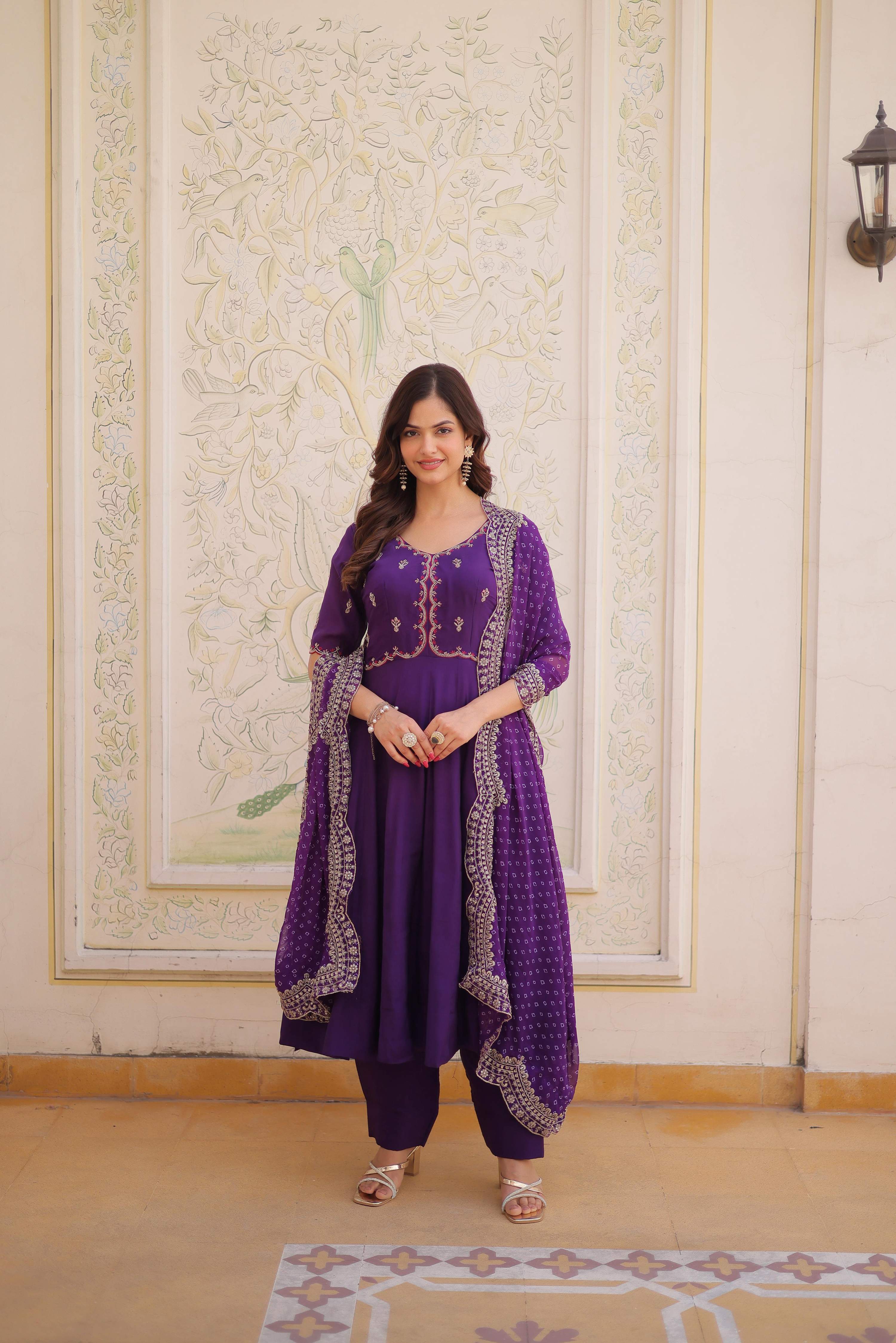 Jyoti Fashion Purple Beads Thread Embroidered Mal Chanderi Anarkali Gown Set | Grocsy