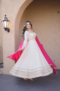 Jyoti Fashion Off White Real Mirror Zari Embroidered Cosmos Anarkali Gown with Dupatta | Grocsy