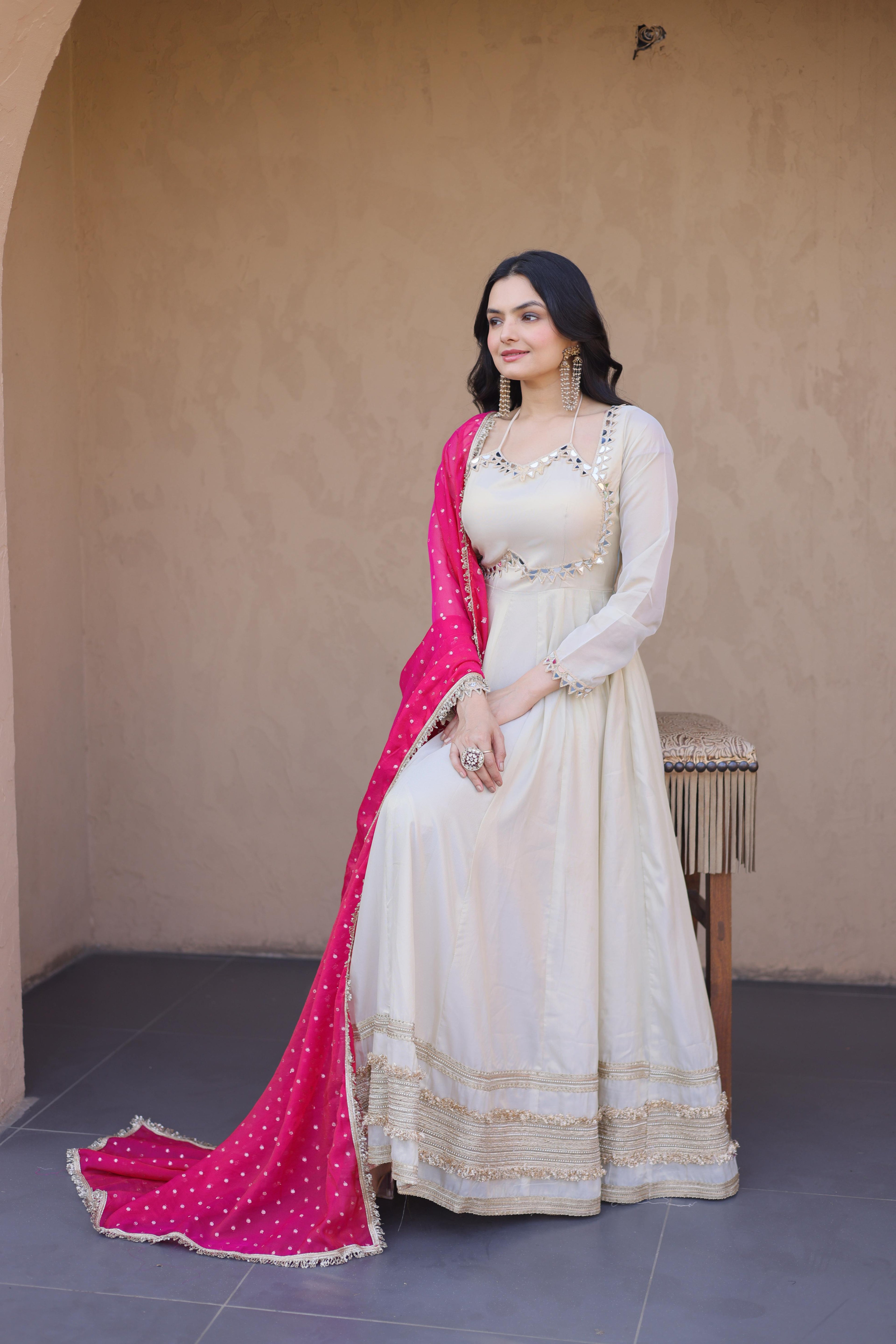 Jyoti Fashion Off White Real Mirror Zari Embroidered Cosmos Anarkali Gown with Dupatta | Grocsy
