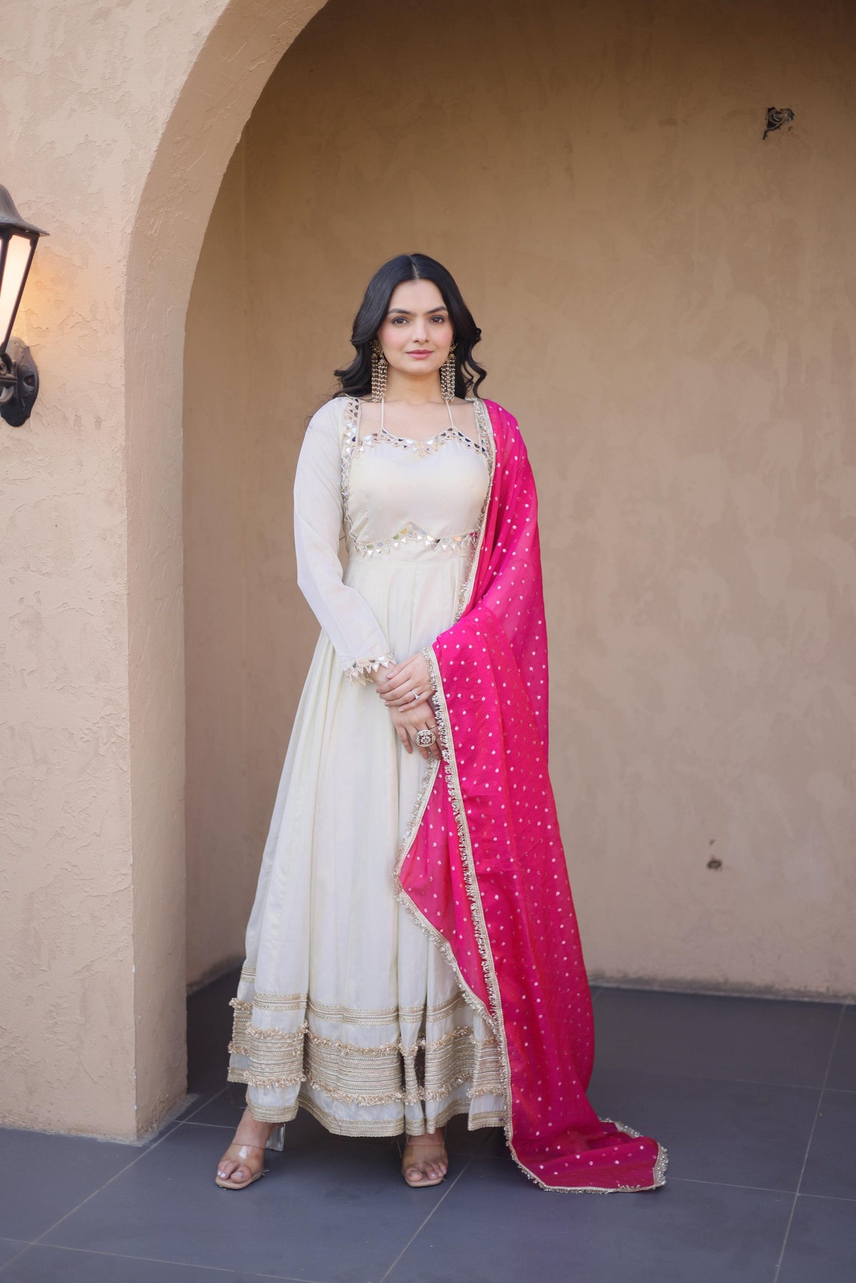 Jyoti Fashion Off White Real Mirror Zari Embroidered Cosmos Anarkali Gown with Dupatta | Grocsy