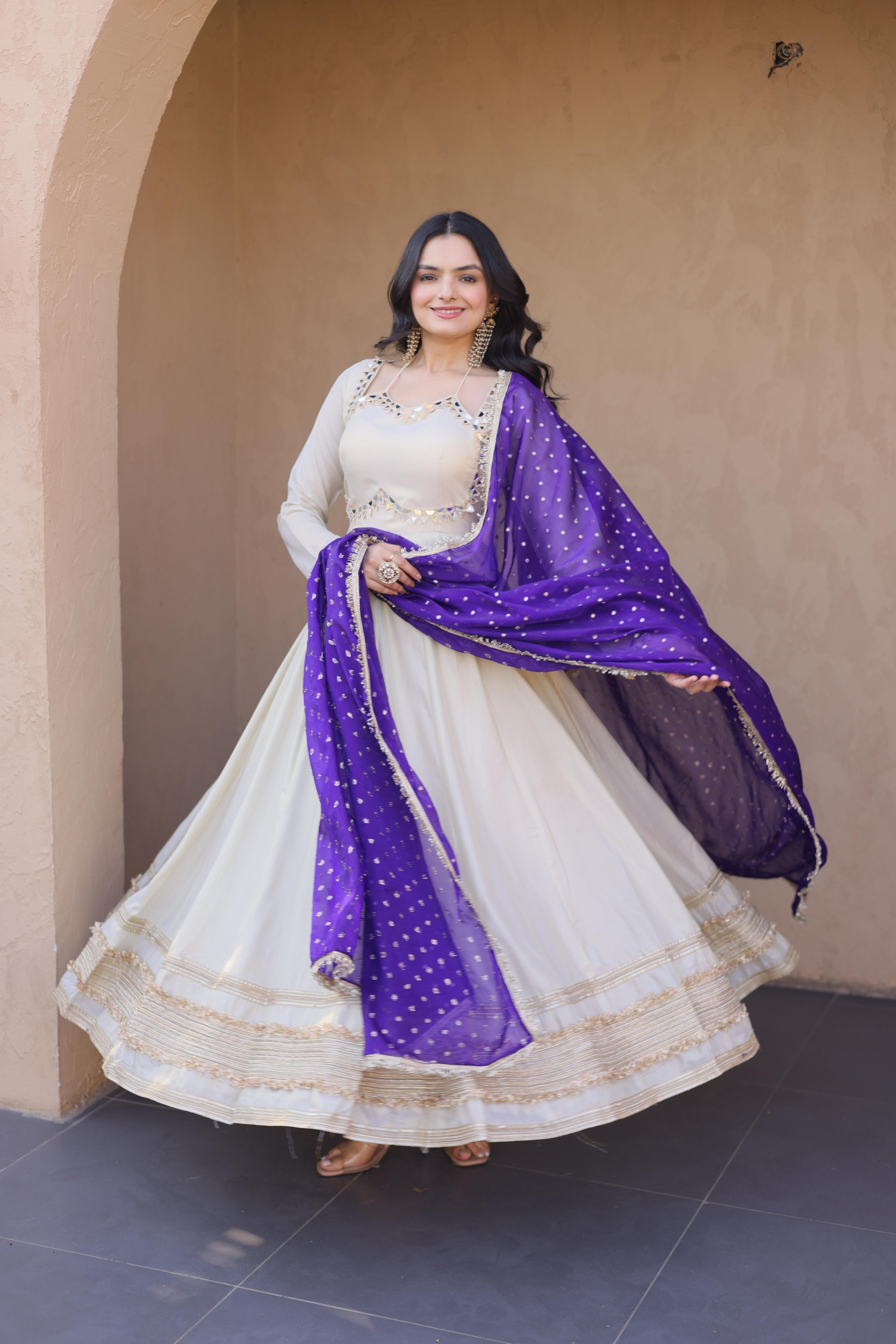 Jyoti Fashion Off White Real Mirror Zari Embroidered Cosmos Anarkali Gown with Dupatta | Grocsy