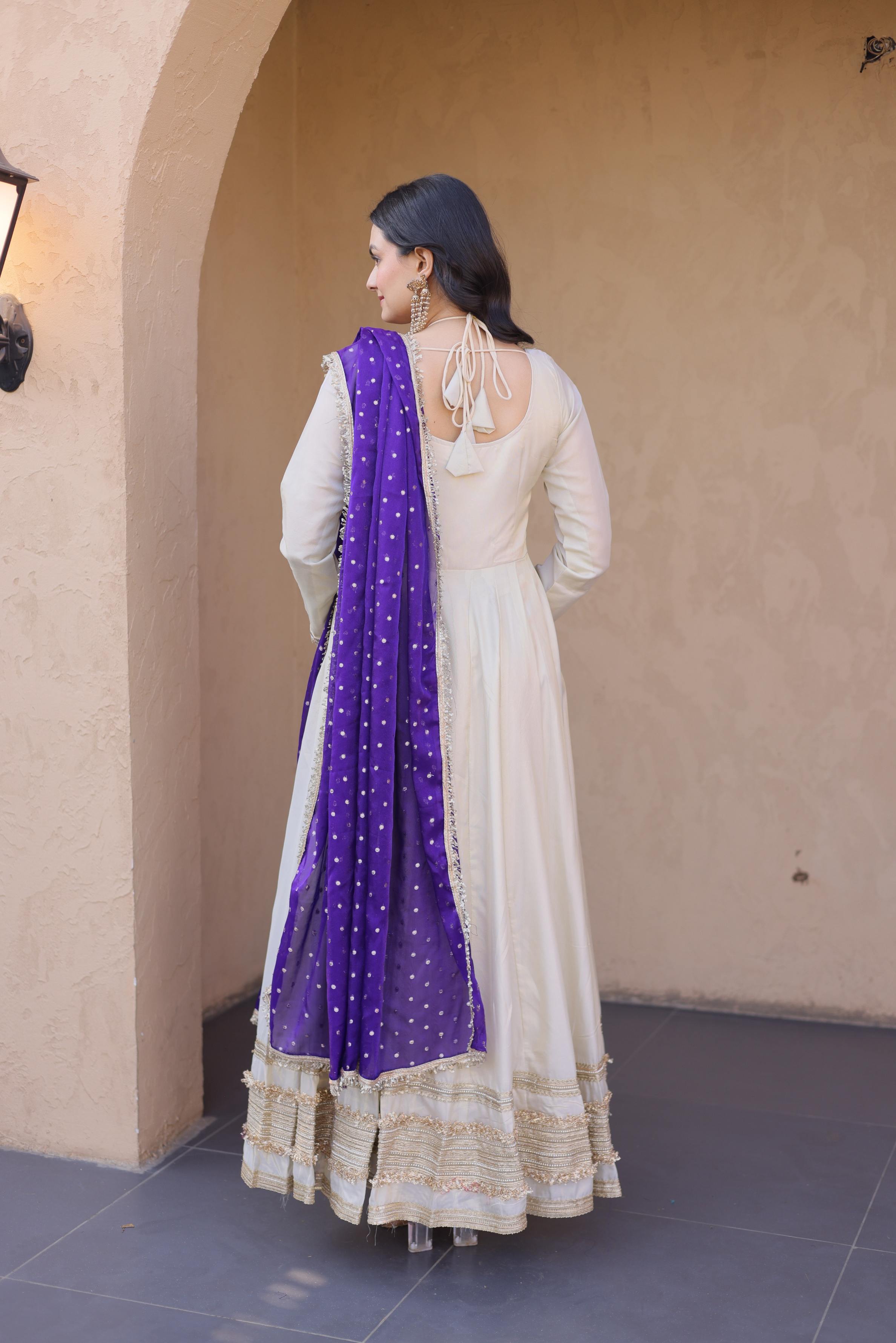 Jyoti Fashion Off White Real Mirror Zari Embroidered Cosmos Anarkali Gown with Dupatta | Grocsy