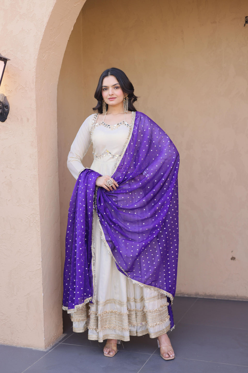 Jyoti Fashion Off White Real Mirror Zari Embroidered Cosmos Anarkali Gown with Dupatta | Grocsy