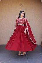 Jyoti Fashion Maroon Embroidered Faux Blooming Anarkali Gown with Dupatta | Grocsy