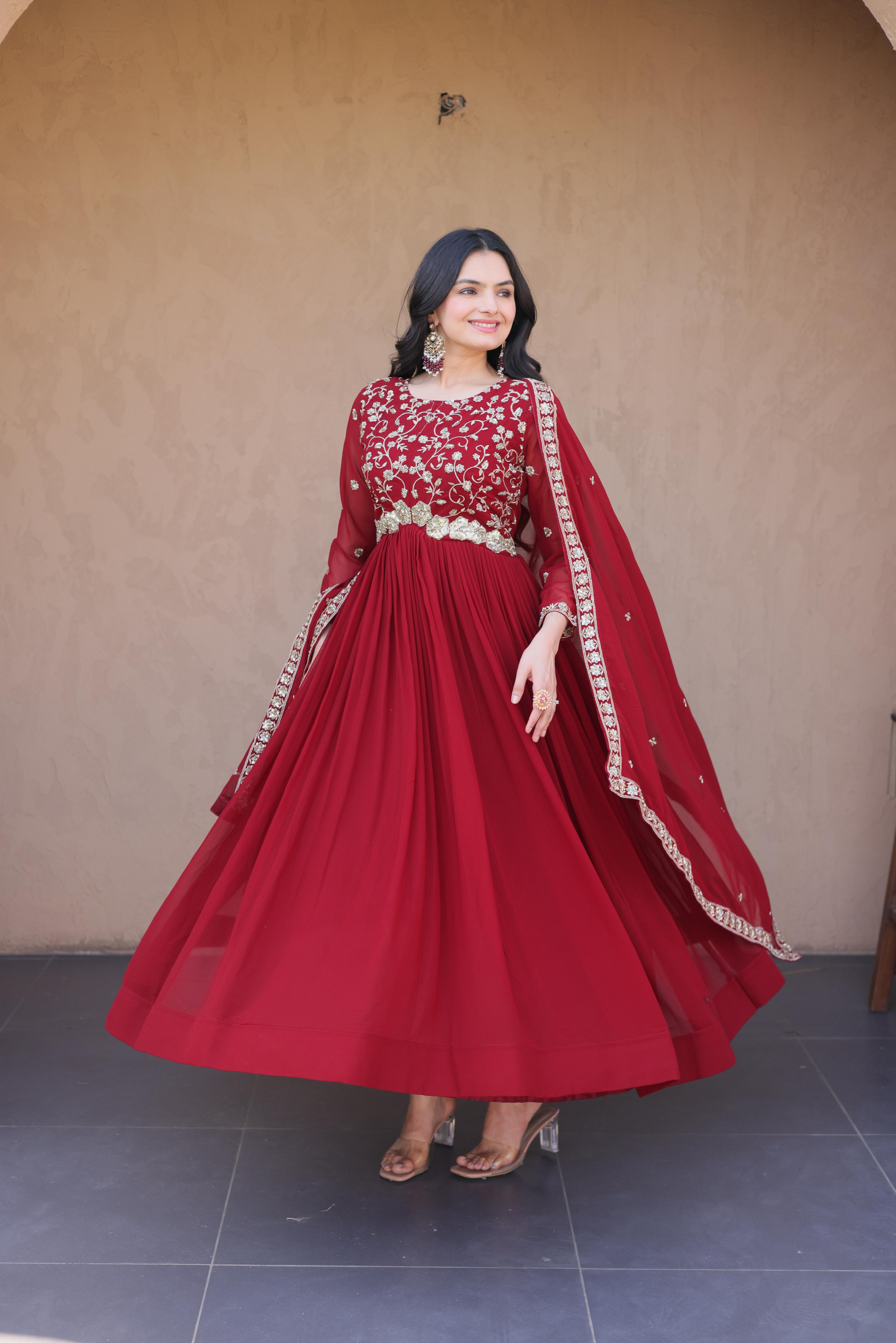 Jyoti Fashion Maroon Embroidered Faux Blooming Anarkali Gown with Dupatta | Grocsy