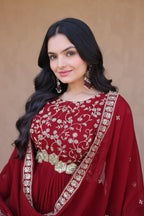 Jyoti Fashion Maroon Embroidered Faux Blooming Anarkali Gown with Dupatta | Grocsy