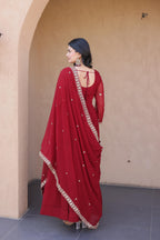 Jyoti Fashion Maroon Embroidered Faux Blooming Anarkali Gown with Dupatta | Grocsy