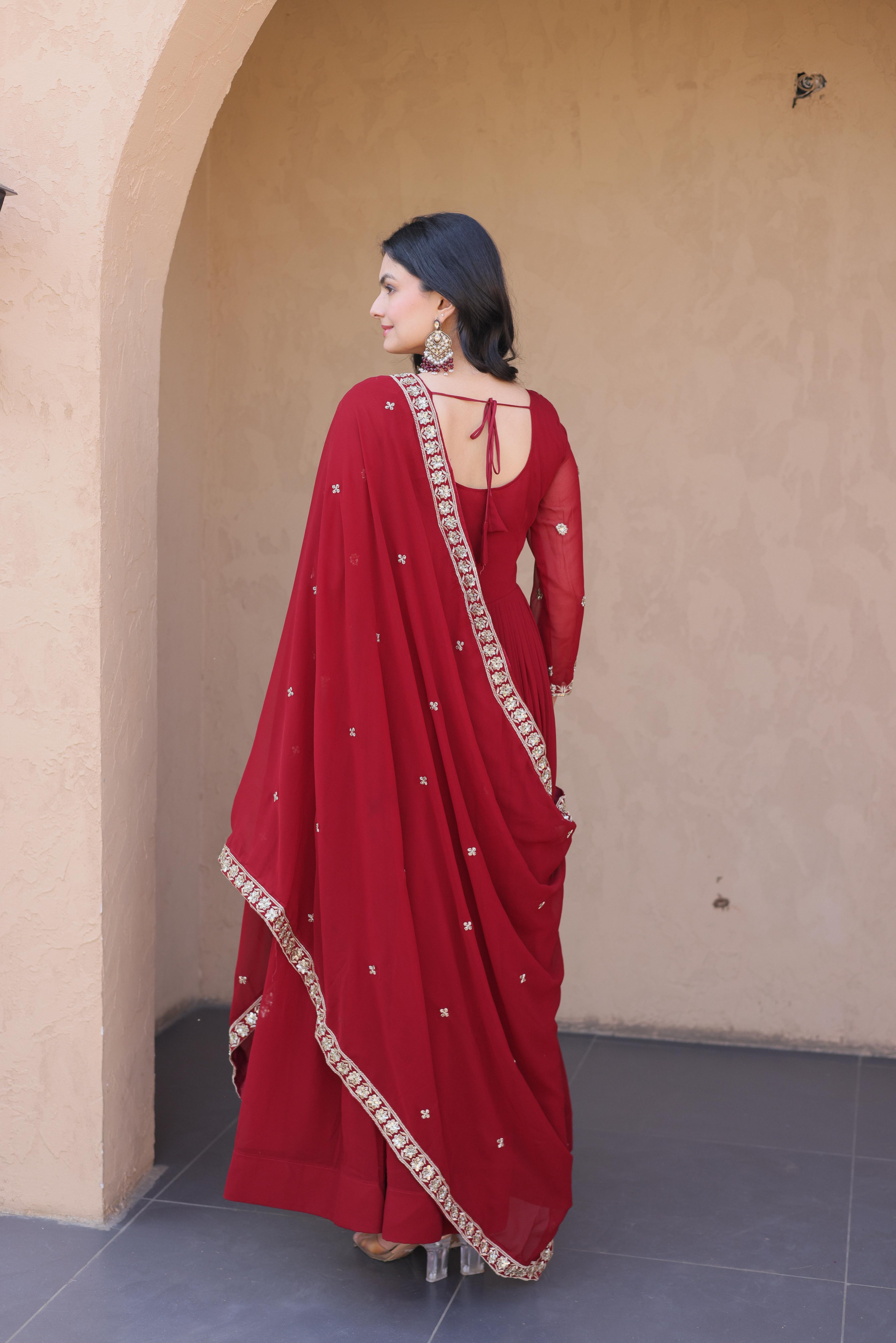 Jyoti Fashion Maroon Embroidered Faux Blooming Anarkali Gown with Dupatta | Grocsy