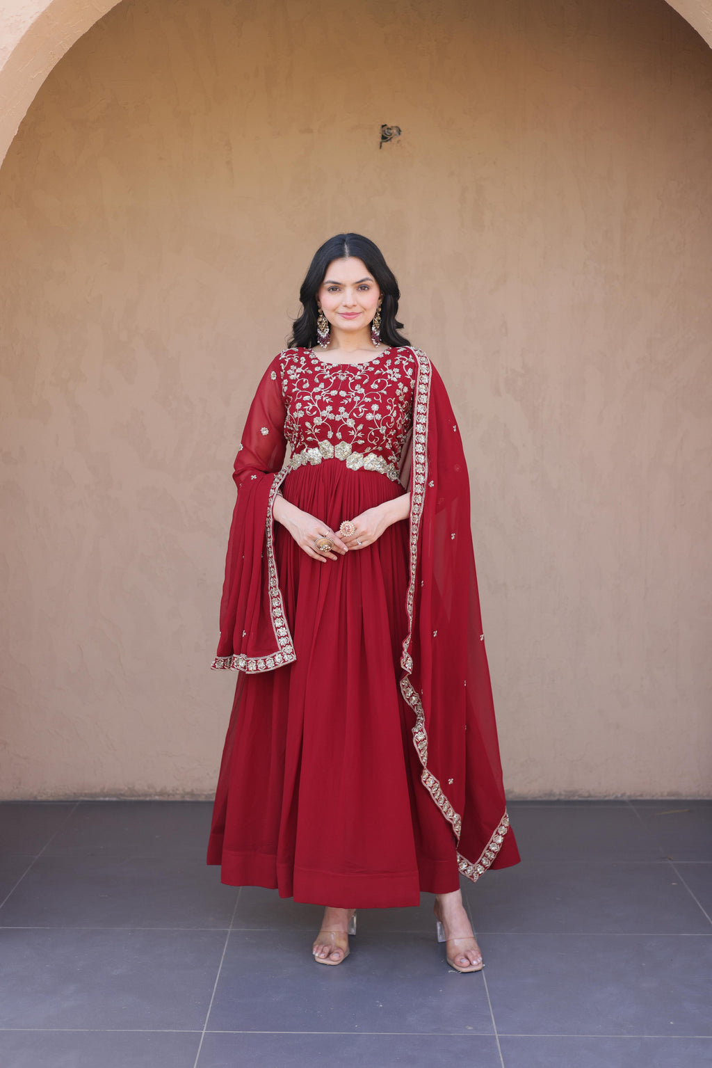 Jyoti Fashion Maroon Embroidered Faux Blooming Anarkali Gown with Dupatta | Grocsy