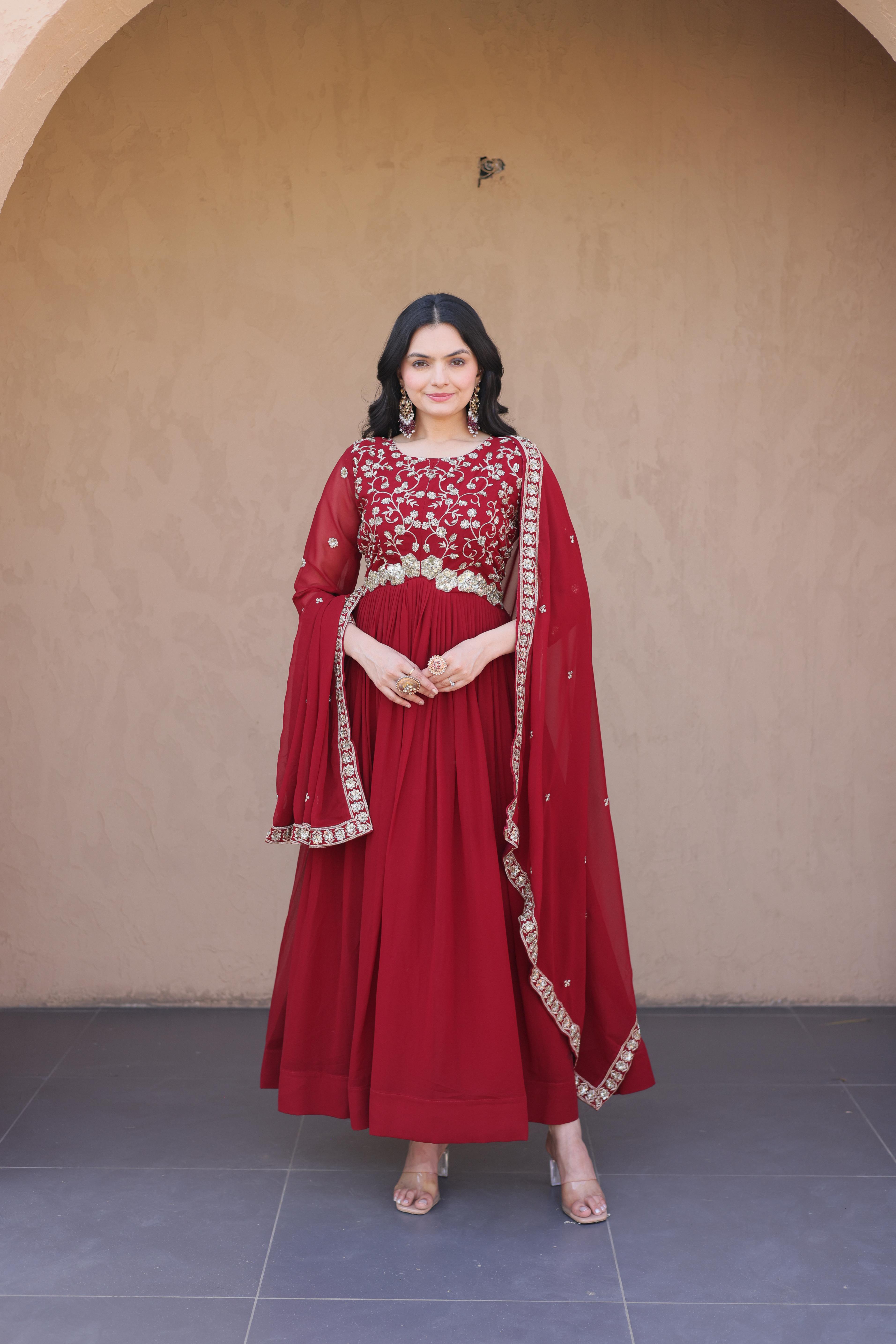 Jyoti Fashion Maroon Embroidered Faux Blooming Anarkali Gown with Dupatta | Grocsy