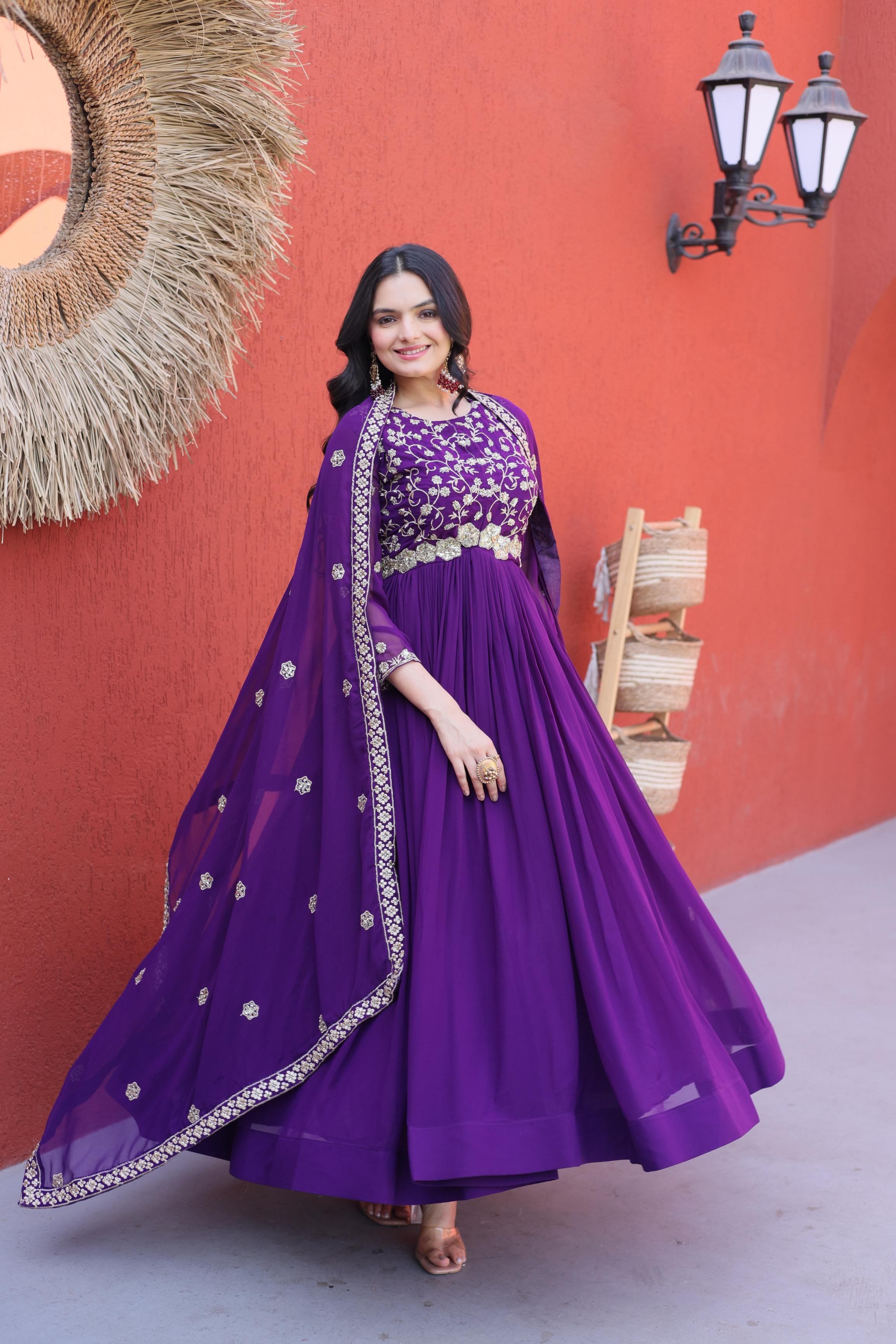 Jyoti Fashion Purple Embroidered Faux Blooming Anarkali Gown with Dupatta | Grocsy