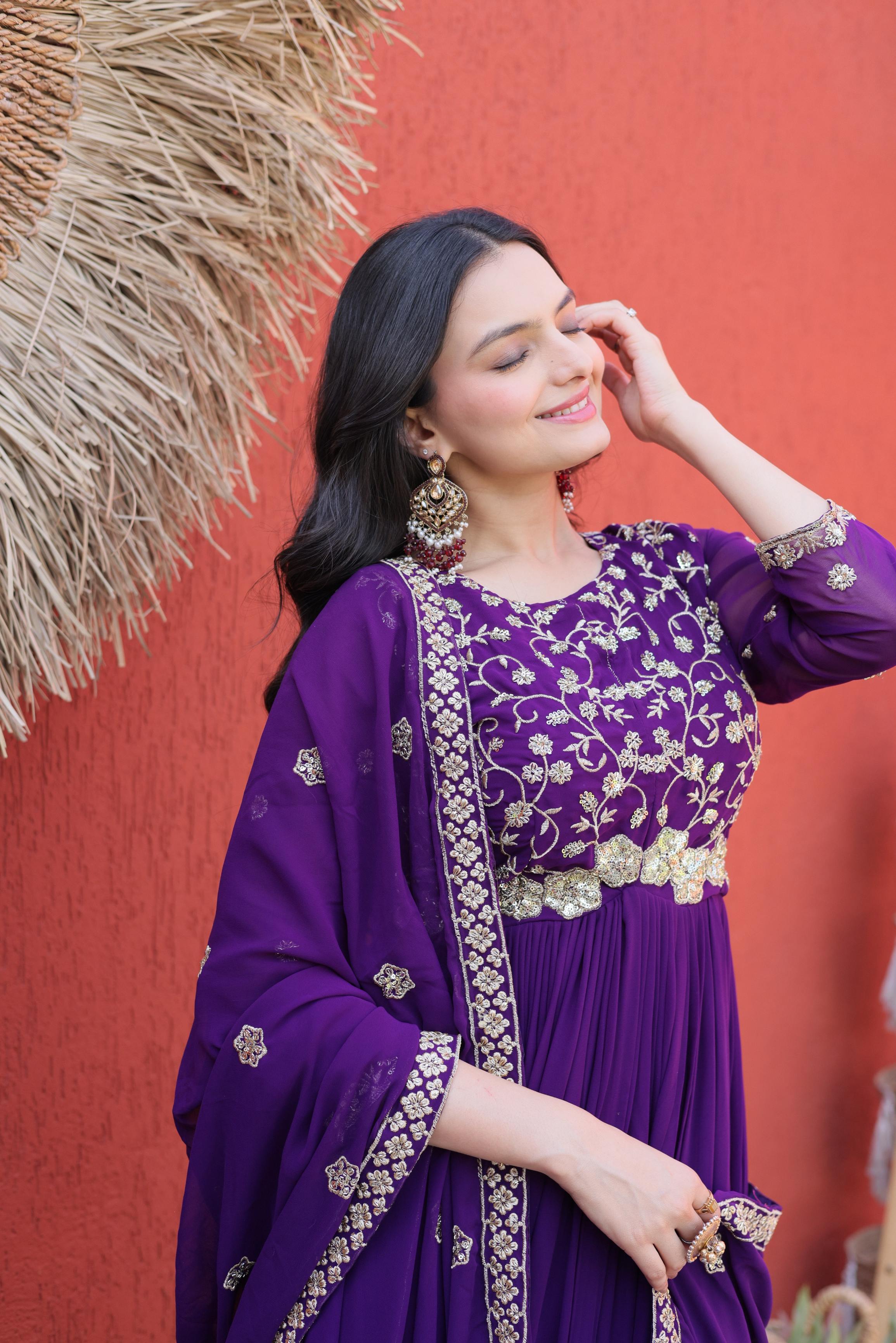 Jyoti Fashion Purple Embroidered Faux Blooming Anarkali Gown with Dupatta | Grocsy