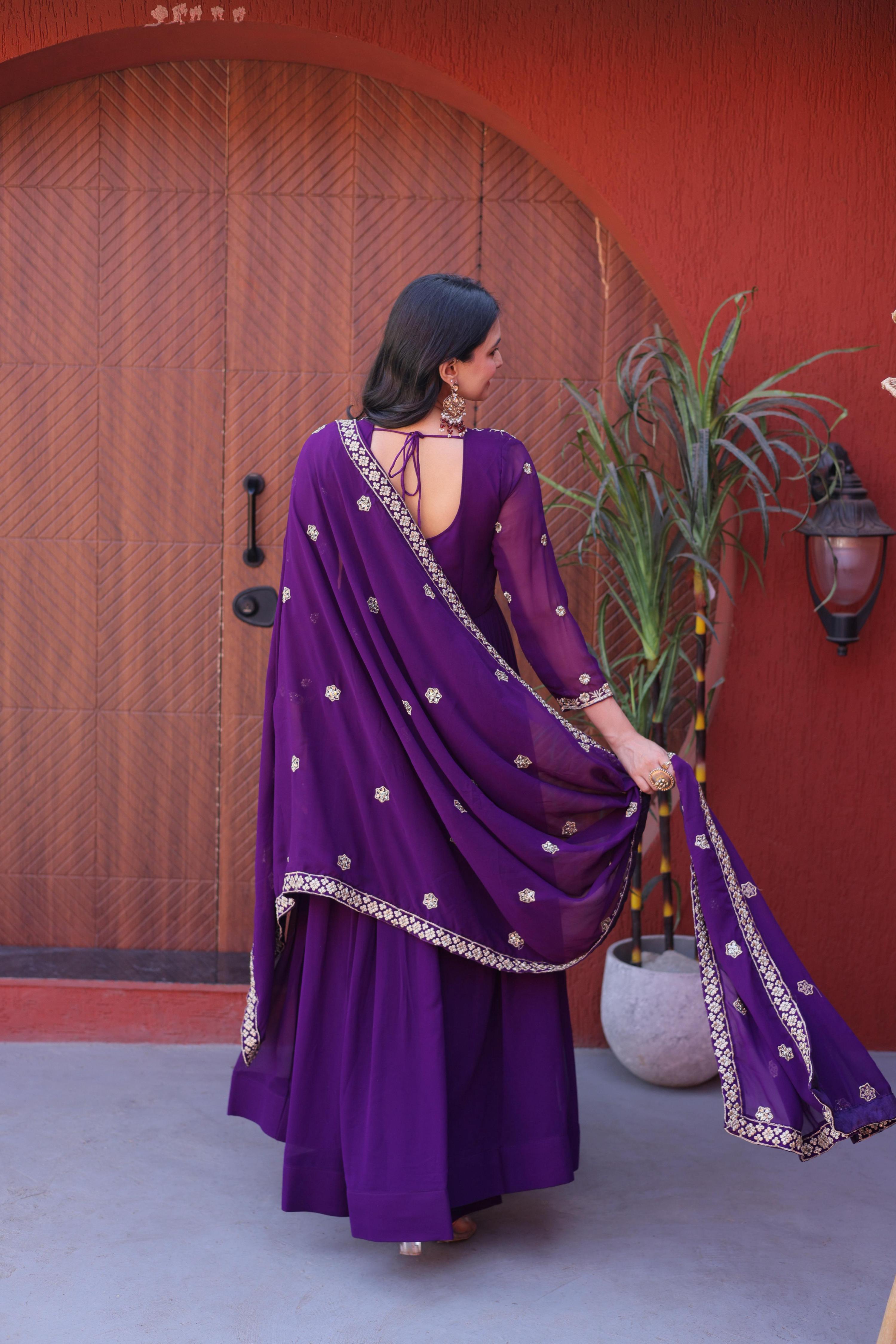 Jyoti Fashion Purple Embroidered Faux Blooming Anarkali Gown with Dupatta | Grocsy