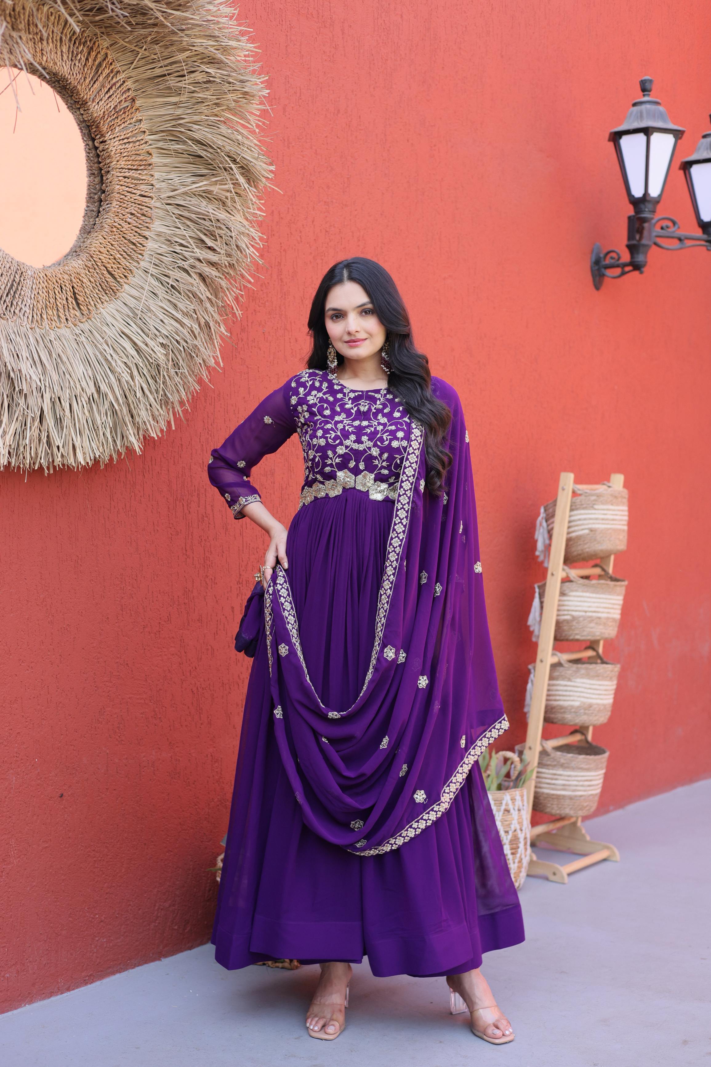Jyoti Fashion Purple Embroidered Faux Blooming Anarkali Gown with Dupatta | Grocsy