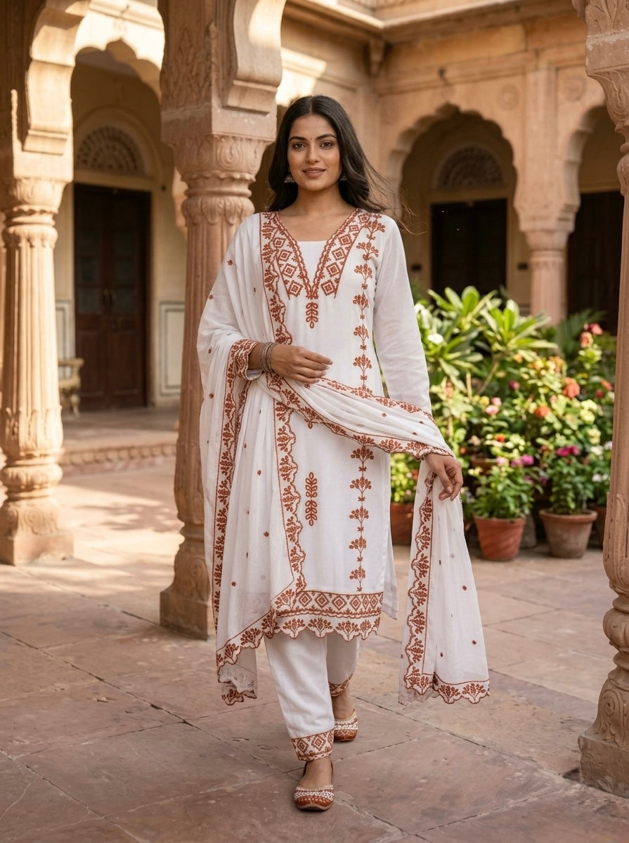 Jyoti Fashion Brown Embroidered Faux Georgette Salwar Kameez with Dupatta | Grocsy