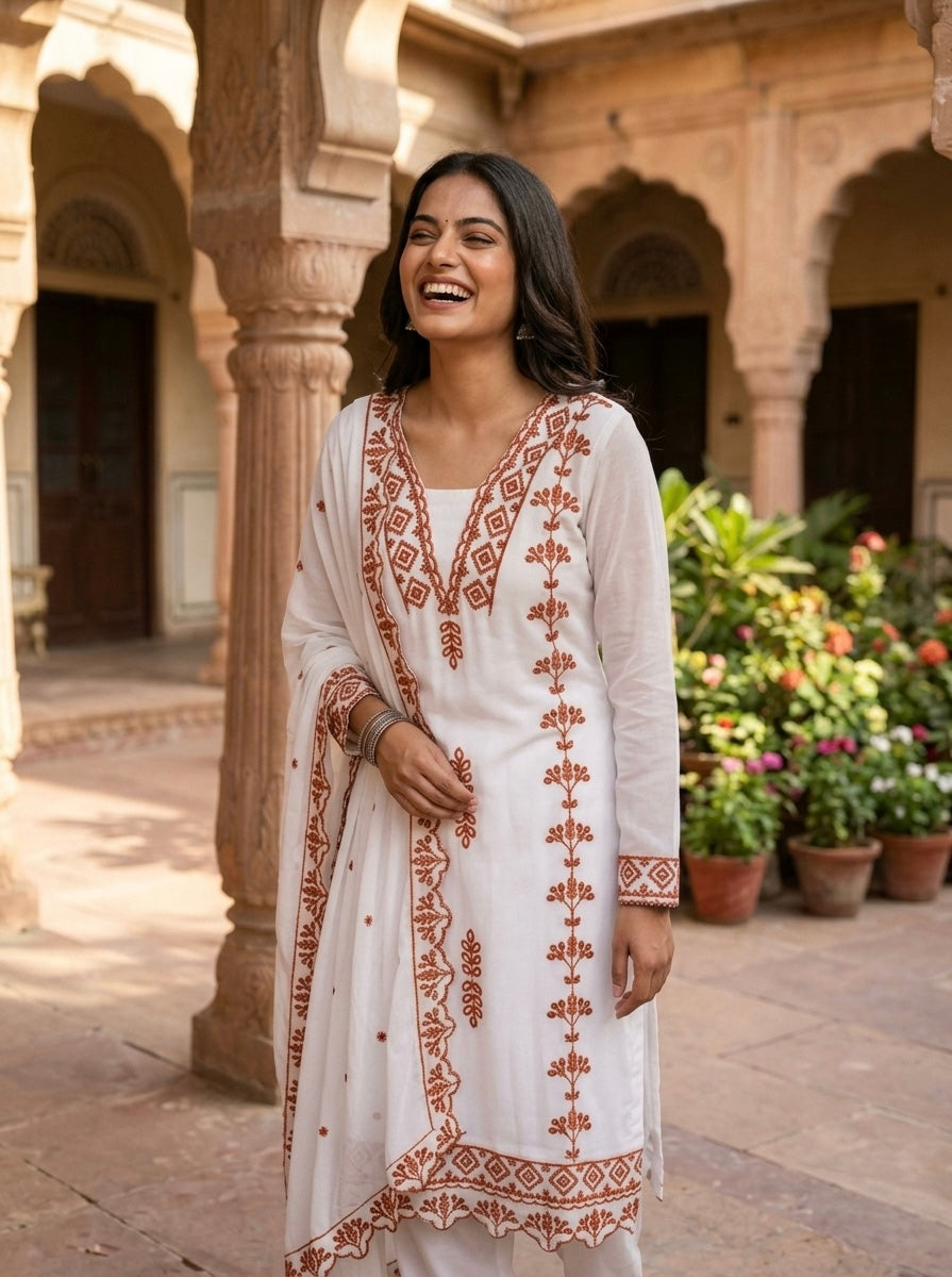 Jyoti Fashion Brown Embroidered Faux Georgette Salwar Kameez with Dupatta | Grocsy