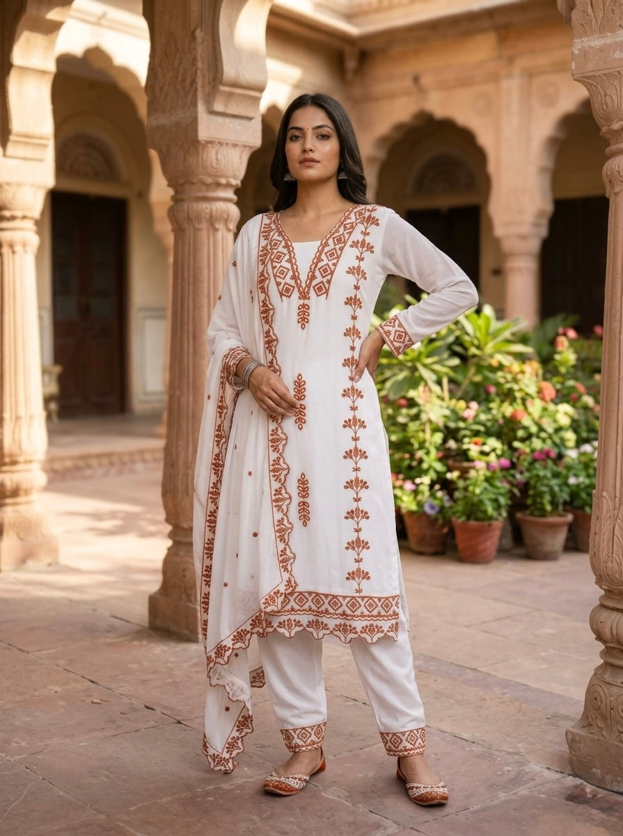 Jyoti Fashion Brown Embroidered Faux Georgette Salwar Kameez with Dupatta | Grocsy