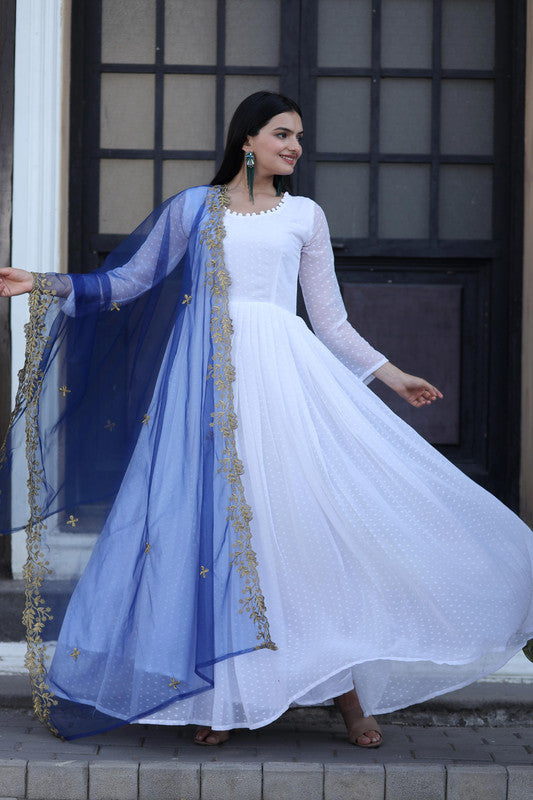 Jyoti Fashion Women's White Faux Georgette Butti work Anarkali Dress with Dupatta | Grocsy
