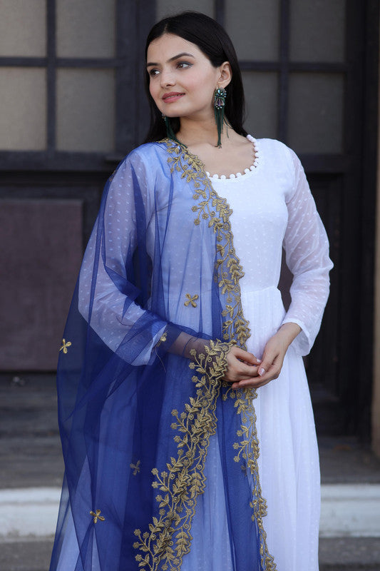 Jyoti Fashion Women's White Faux Georgette Butti work Anarkali Dress with Dupatta | Grocsy