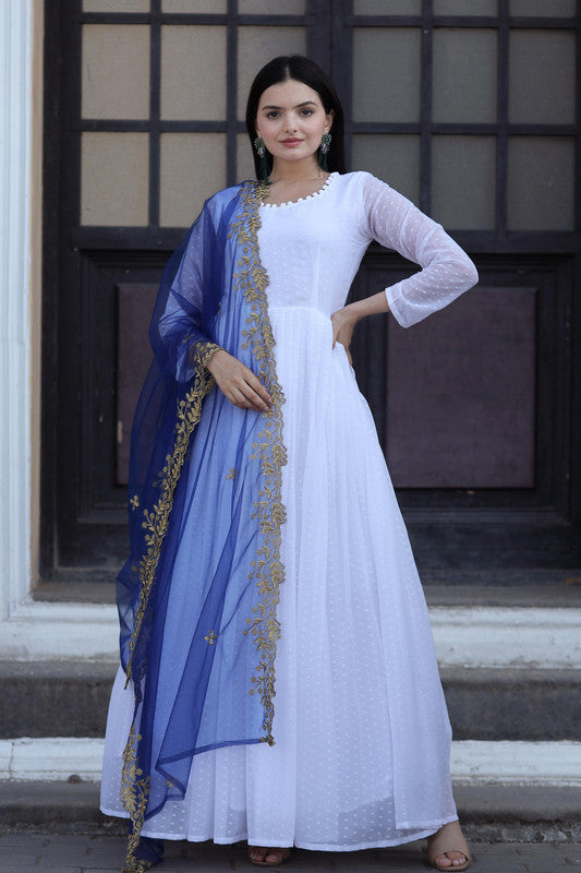 Jyoti Fashion Women's White Faux Georgette Butti work Anarkali Dress with Dupatta | Grocsy