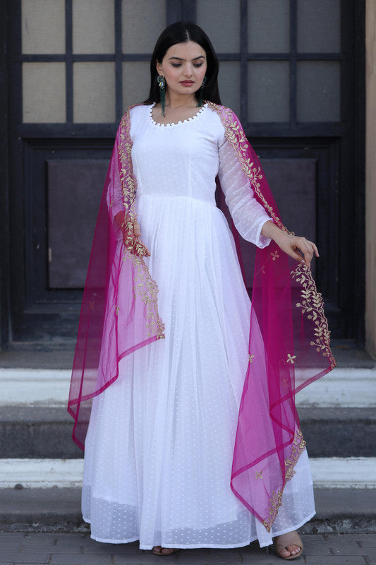 Jyoti Fashion Women's White Faux Georgette Butti work Anarkali Dress with Dupatta | Grocsy