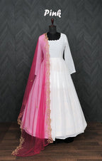 Jyoti Fashion Women's White Faux Georgette Butti work Anarkali Dress with Dupatta | Grocsy