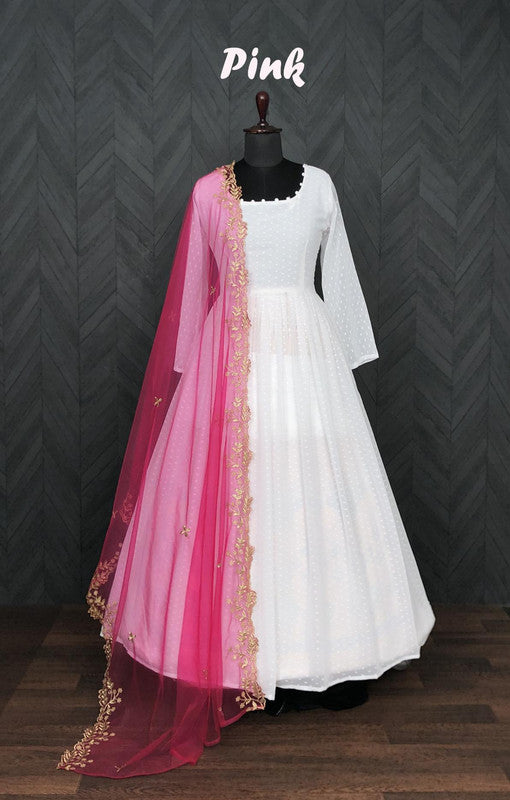 Jyoti Fashion Women's White Faux Georgette Butti work Anarkali Dress with Dupatta | Grocsy