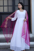 Jyoti Fashion Women's White Faux Georgette Butti work Anarkali Dress with Dupatta | Grocsy