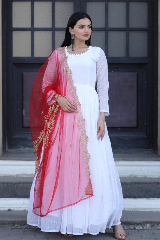Jyoti Fashion Women's White Faux Georgette Butti work Anarkali Dress with Dupatta | Grocsy
