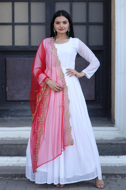 Jyoti Fashion Women's White Faux Georgette Butti work Anarkali Dress with Dupatta | Grocsy