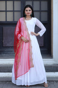 Jyoti Fashion Women's White Faux Georgette Butti work Anarkali Dress with Dupatta | Grocsy