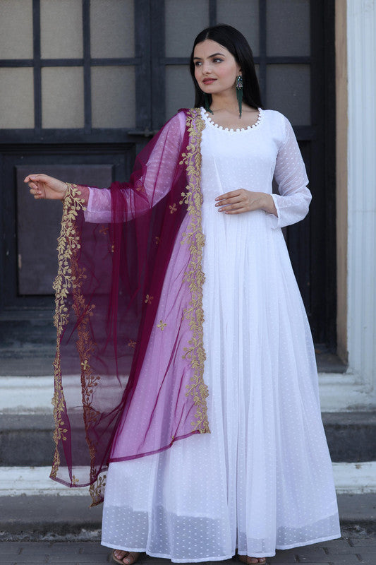 Jyoti Fashion Women's White Faux Georgette Butti work Anarkali Dress with Dupatta | Grocsy