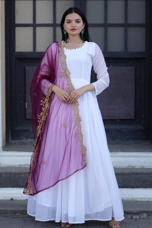 Jyoti Fashion Women's White Faux Georgette Butti work Anarkali Dress with Dupatta | Grocsy