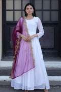 Jyoti Fashion Women's White Faux Georgette Butti work Anarkali Dress with Dupatta | Grocsy