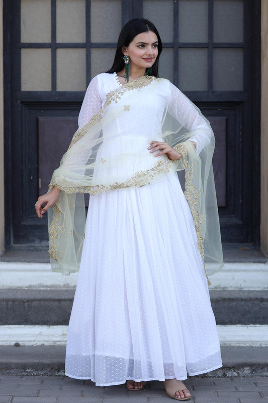 Jyoti Fashion Women's White Faux Georgette Butti work Anarkali Dress with Dupatta | Grocsy