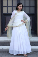 Jyoti Fashion Women's White Faux Georgette Butti work Anarkali Dress with Dupatta | Grocsy