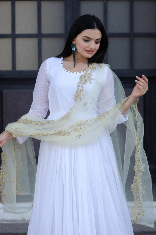 Jyoti Fashion Women's White Faux Georgette Butti work Anarkali Dress with Dupatta | Grocsy