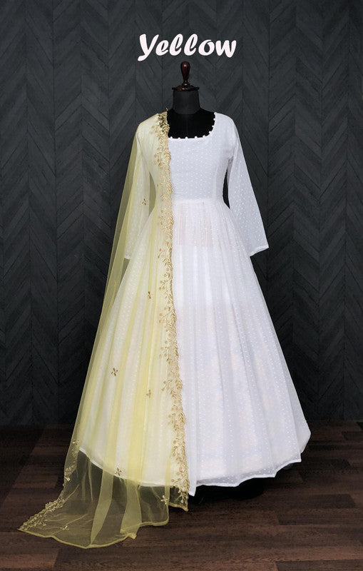 Jyoti Fashion Women's White Faux Georgette Butti work Anarkali Dress with Dupatta | Grocsy