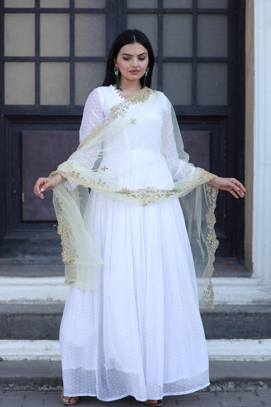 Jyoti Fashion Women's White Faux Georgette Butti work Anarkali Dress with Dupatta | Grocsy