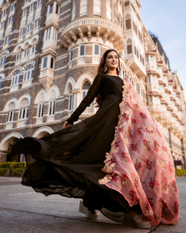 Jyoti Fashion Women's Black Faux Blooming Partywear Anarkali Dress with Dupatta | Grocsy