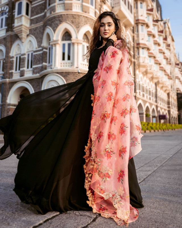 Jyoti Fashion Women's Black Faux Blooming Partywear Anarkali Dress with Dupatta | Grocsy