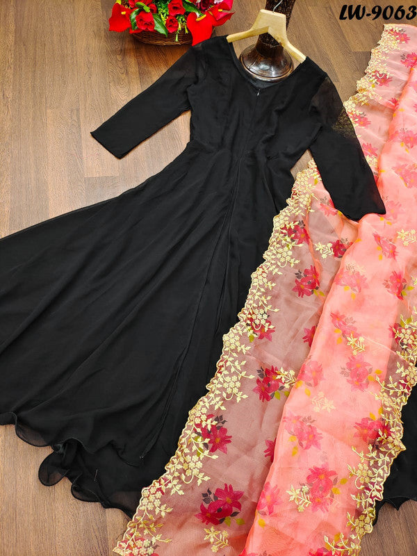 Jyoti Fashion Women's Black Faux Blooming Partywear Anarkali Dress with Dupatta | Grocsy