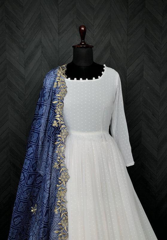 Jyoti Fashion Women's White Georgette Butti work Partywear Anarkali Dress with Dupatta | Grocsy