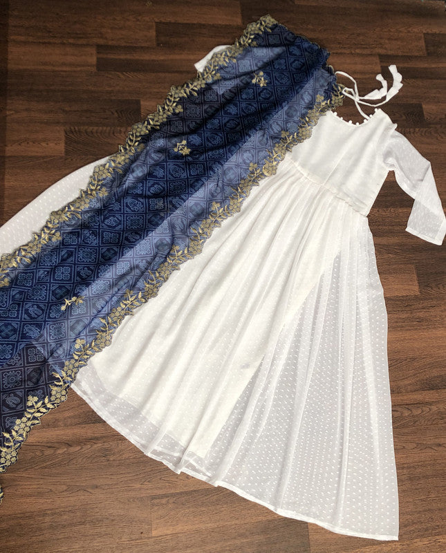 Jyoti Fashion Women's White Georgette Butti work Partywear Anarkali Dress with Dupatta | Grocsy