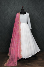Jyoti Fashion Women's White Georgette Butti work Partywear Anarkali Dress with Pink Dupatta | Grocsy