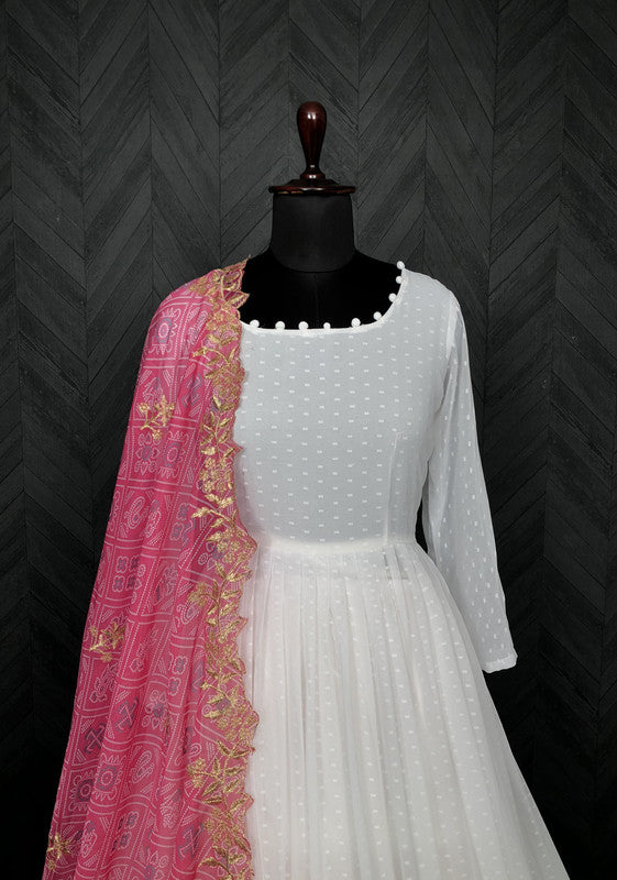 Jyoti Fashion Women's White Georgette Butti work Partywear Anarkali Dress with Pink Dupatta | Grocsy