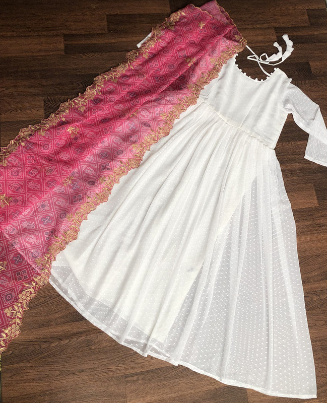 Jyoti Fashion Women's White Georgette Butti work Partywear Anarkali Dress with Pink Dupatta | Grocsy