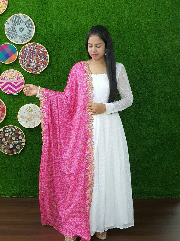 Jyoti Fashion Women's White Georgette Butti work Partywear Anarkali Dress with Pink Dupatta | Grocsy